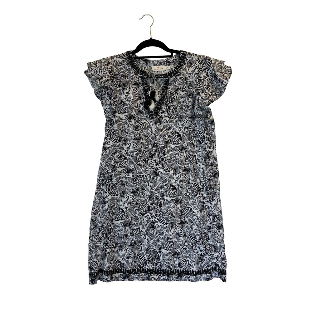 Vineyard Vines Linen Dress XS Embroidered Black White Palm Print Pom Pom Boho